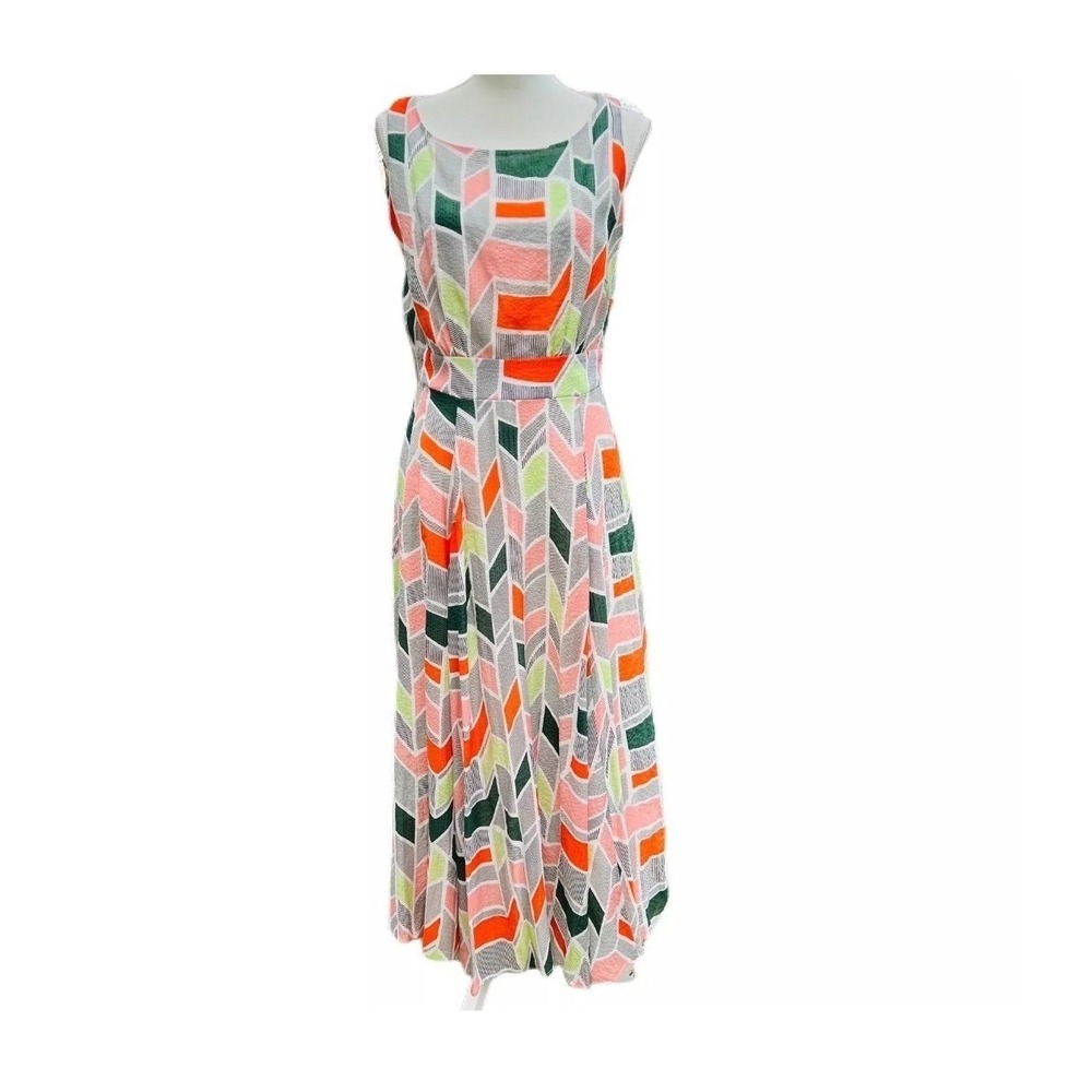 Eva by Eva Franco Geometric Abstract Print Midi Dress Orange‎ Green Pink 14 New